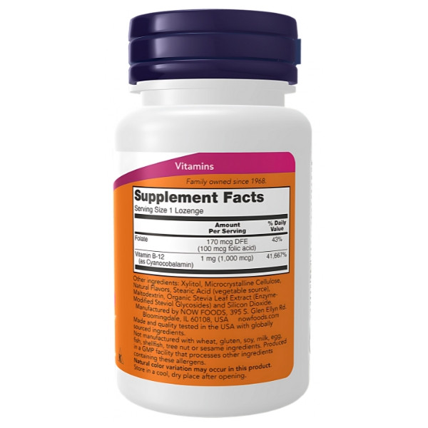 NOW Foods B-12 1000 mcg Nahrungsergänzungsmittel mit Folsäure 100 Lutschtabletten Zusammensetzung und Nährwerte