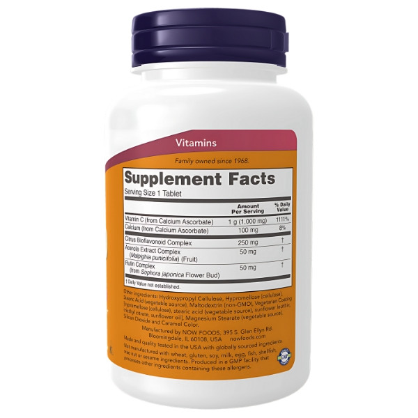 Ingredients of NOW Foods Buffered C-1000 Complex – 1000 mg of vitamin C, citrus bioflavonoids, acerola, rutin