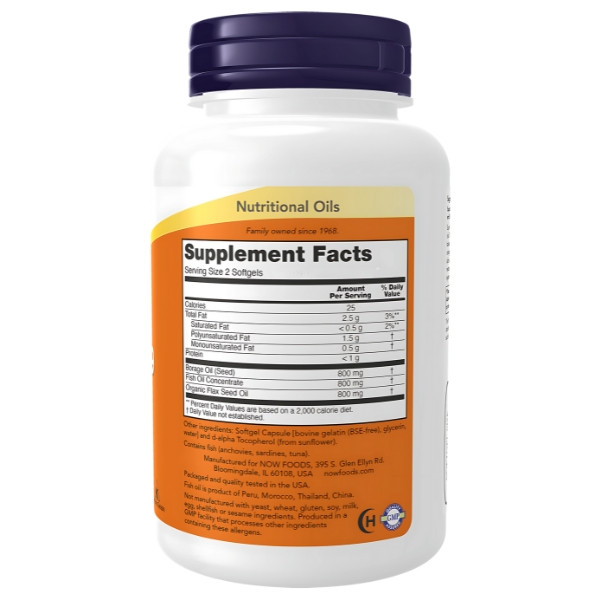 NOW Foods Super Omega 3-6-9 supplement composition – nutritional values: fish oil, borage oil, linseed oil, healthy fats