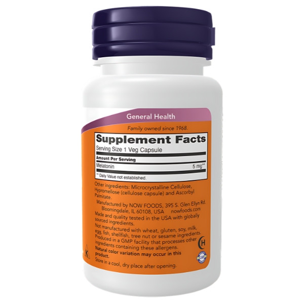 NOW Foods Melatonin 5 mg – Etikett des Nahrungsergänzungsmittels, Zusammensetzung und Nährwertangaben, 5 mg Melatonin pro Kapsel