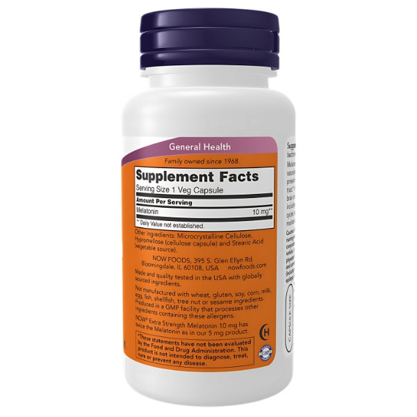 NOW Foods Melatonin Extra Strength 10 mg – Etikett des Nahrungsergänzungsmittels, Informationen über die Zusammensetzung