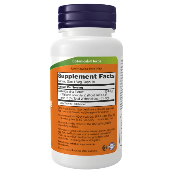 NOW Foods Ashwagandha 450 mg – Nahrungsergänzungsmittel, Extrakt aus Wurzel und Blättern