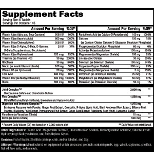 Zusammensetzung von Controlled Labs Orange Triad – Vitamine, Mineralstoffe, Joint Complex, Flex Complex und Digestion Complex.