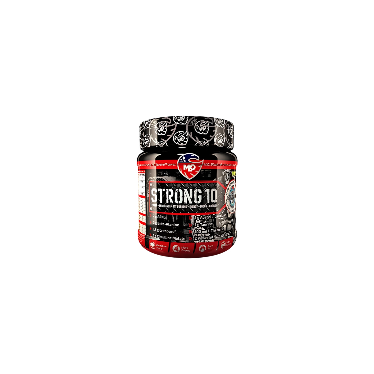 MLO Strong 10 Pre-Workout 454 g pre-workout supplement with AAKG, beta-alanine, Creapure creatine and caffeine