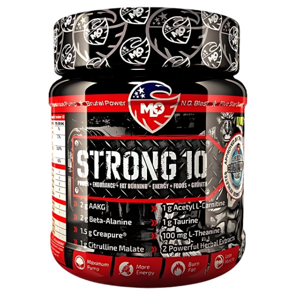 MLO Strong 10 Pre-Workout 454 g pre-workout supplement with AAKG, beta-alanine, Creapure creatine and caffeine