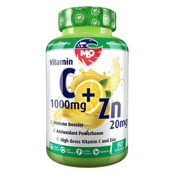 Suplement MLO Vitamin C 1000 mg + Zinc 20 mg, 90 tabletek, wspiera odporność i zdrowie, mocna dawka witaminy C i cynku