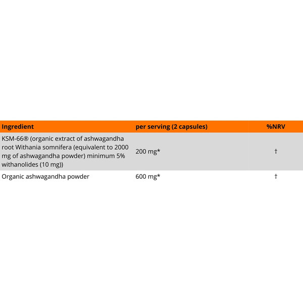 Skład MLO Ashwagandha Complex – KSM-66 ekstrakt z korzenia ashwagandhy 200 mg, proszek organiczny 600 mg