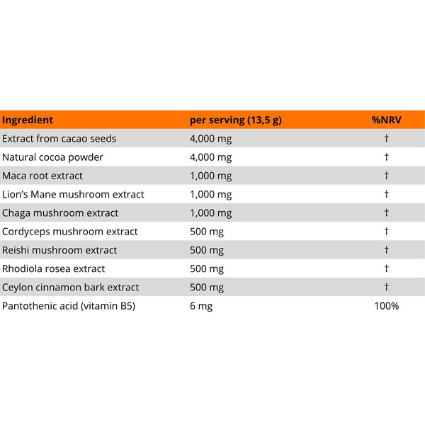 Skład Zen Vital Focus Końska Dawka – kakao, maca, grzyby Lion’s Mane, chaga, cordyceps, reishi, rhodiola, cynamon, witamina B5