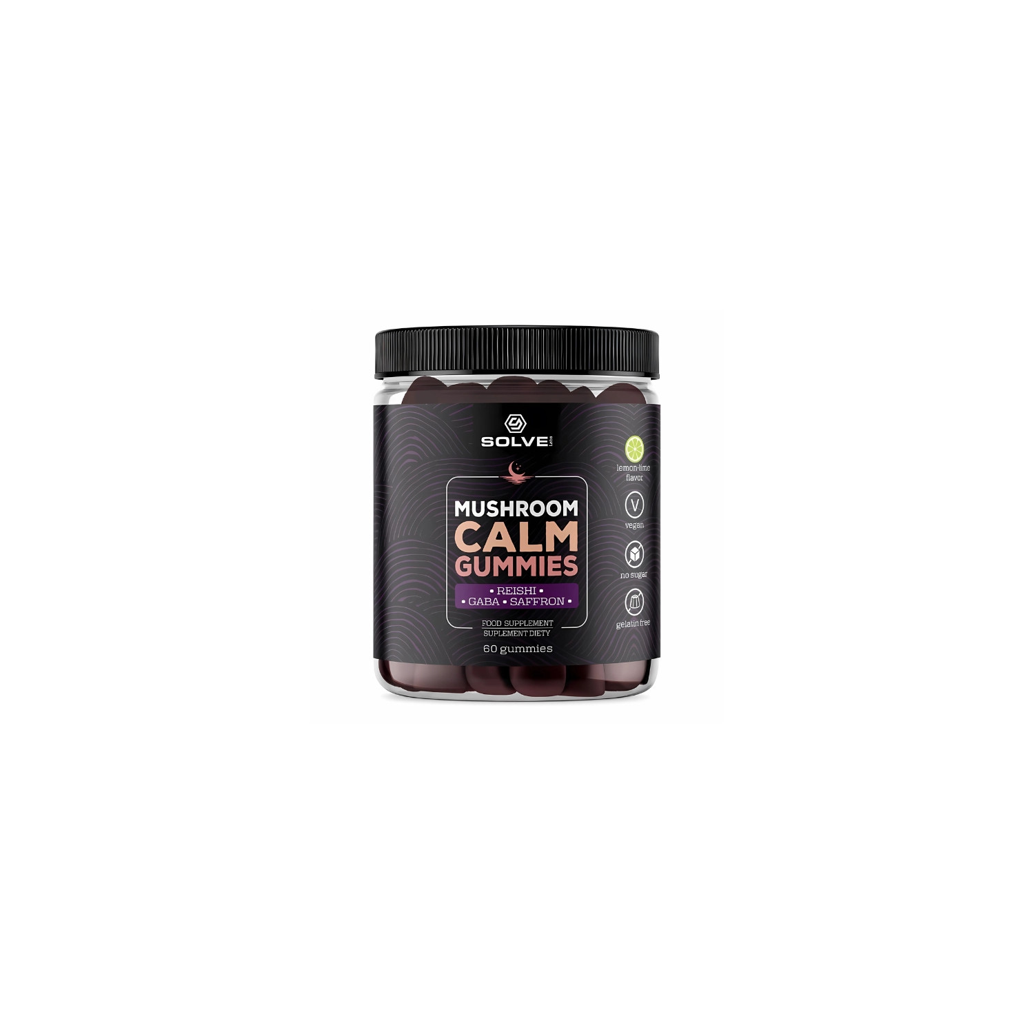 Solve Labs Mushroom Calm Gummies 60 szt. – żelki uspokajające z Reishi, GABA i szafranem, smak cytrynowo-limonkowy