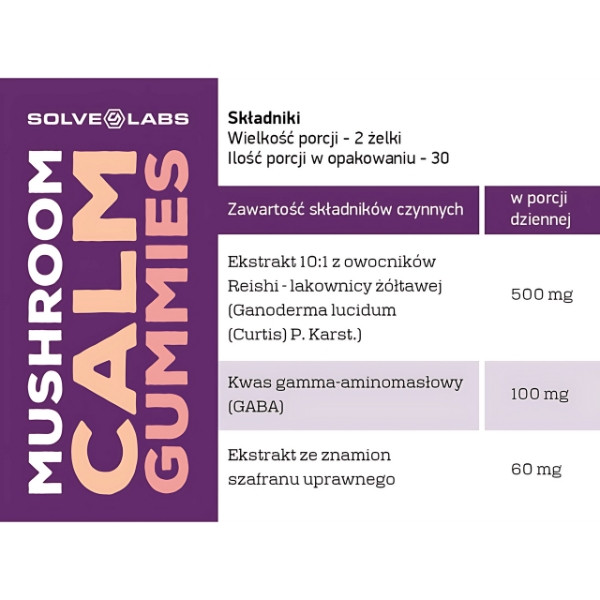 Skład Solve Labs Mushroom Calm Gummies – Reishi 500 mg, GABA 100 mg, szafran 60 mg w porcji dziennej 2 żelki, 30 porcji