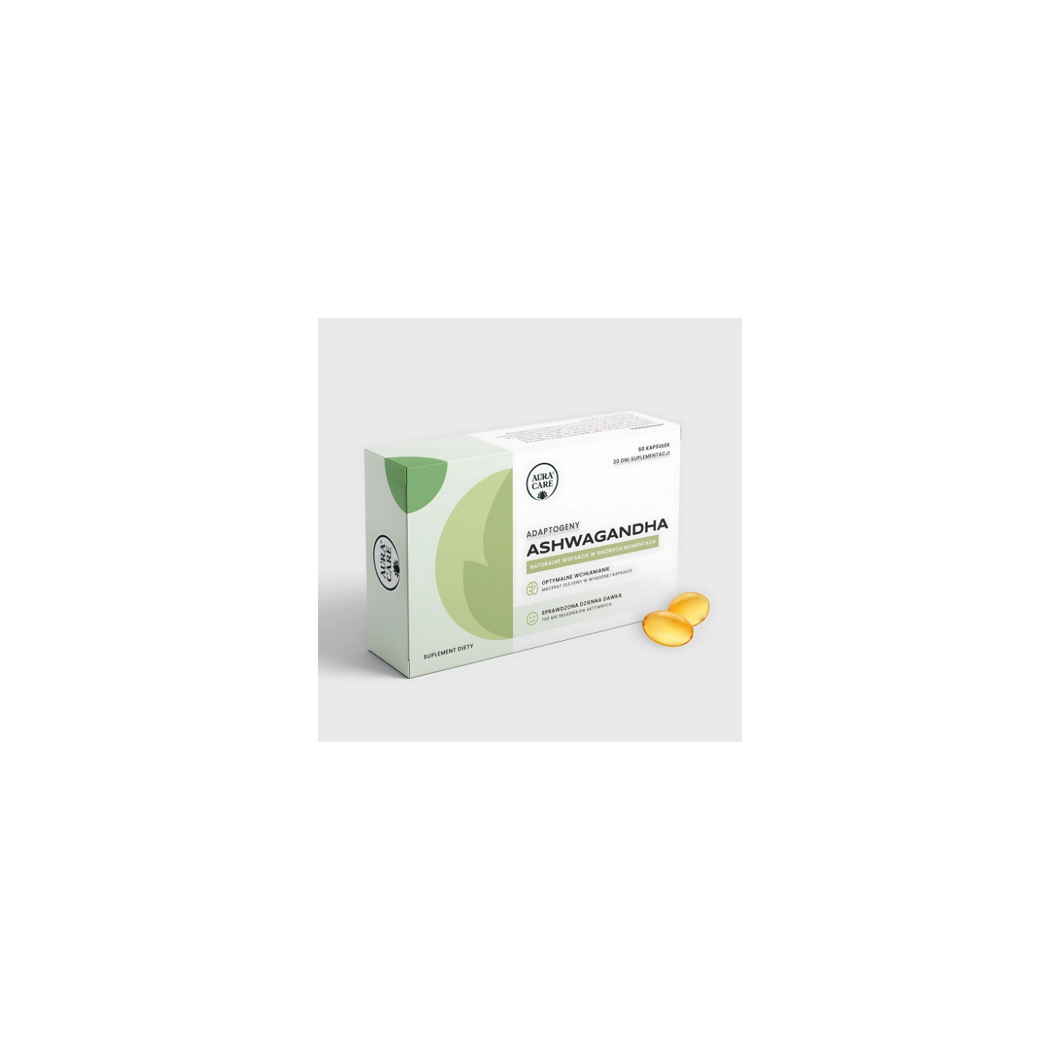Aura Care Ashwagandha 60 kapsułek adaptogen, naturalne wsparcie w stresie i równowadze, suplement diety w kapsułkach olejowych