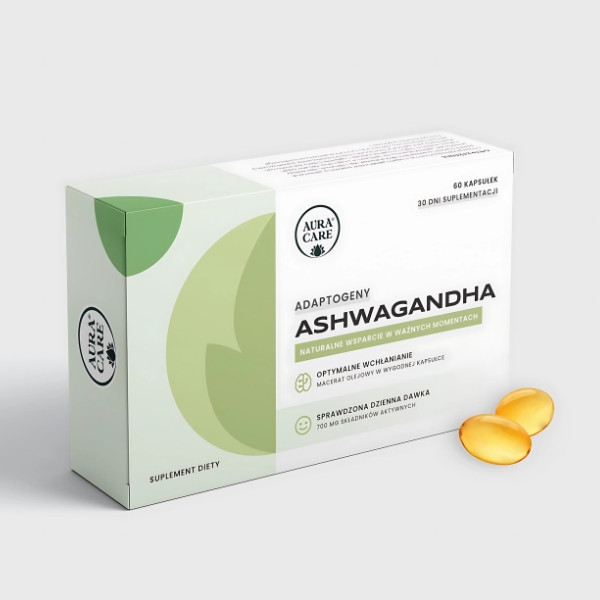 Aura Care Ashwagandha 60 kapsułek adaptogen, naturalne wsparcie w stresie i równowadze, suplement diety w kapsułkach olejowych