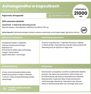 Aura Care Ashwagandha składniki 700 mg Withania somnifera, kapsułki olejowe