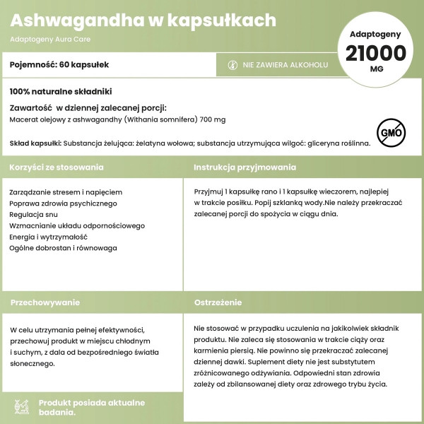 Aura Care Ashwagandha składniki 700 mg Withania somnifera, kapsułki olejowe