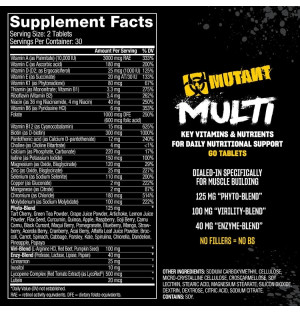 Mutant Multi skład suplementu, witaminy A, C, D, E, B, minerały, Phyto-Blend, Virility-Blend i Enzyme-Blend