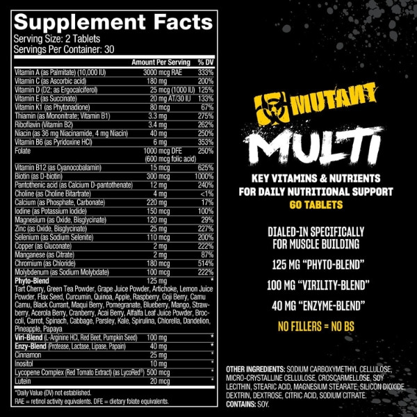 Mutant Multi skład suplementu, witaminy A, C, D, E, B, minerały, Phyto-Blend, Virility-Blend i Enzyme-Blend