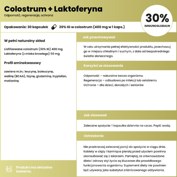 Colostrum + Lactoferrin Aura Care – Zusammensetzung und Eigenschaften. 400 mg Colostrum 30 % IG, 50 mg Lactoferrin