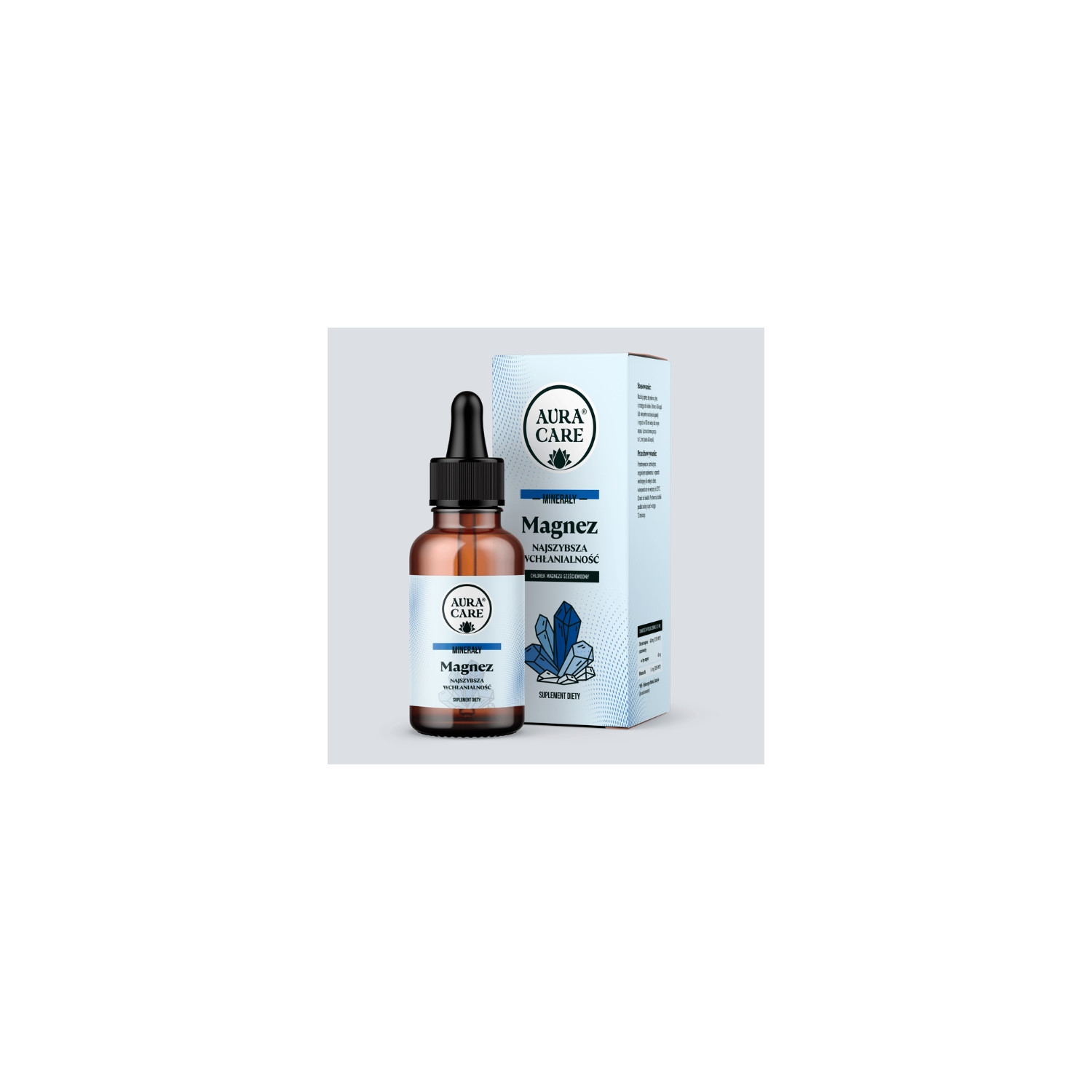 Aura Care Magnez w płynie z pipetą i opakowaniem, suplement diety, chlorek magnezu sześciowodny, szybkie wchłanianie, minerały