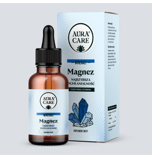 Aura Care Magnez w płynie z pipetą i opakowaniem, suplement diety, chlorek magnezu sześciowodny, szybkie wchłanianie, minerały