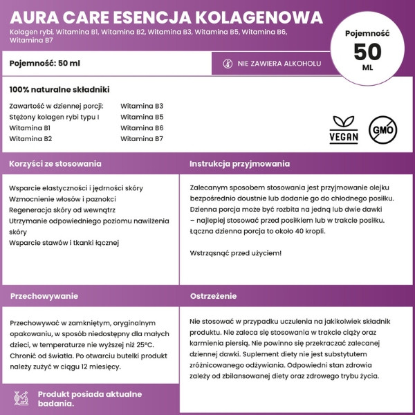 Aura Care Collagen Essence composition – fish collagen, vitamins B1-B7, anti-ageing effect, improved skin elasticity