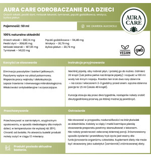 Aura Care Kids Entwurmung Zusammensetzung – Walnuss, Kürbiskerne, Löwenzahn, Thymian, Nelkenbaum, Rainfarn, Beifuß