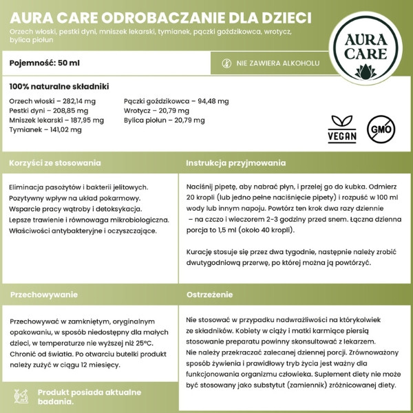 Aura Care Kids Entwurmung Zusammensetzung – Walnuss, Kürbiskerne, Löwenzahn, Thymian, Nelkenbaum, Rainfarn, Beifuß