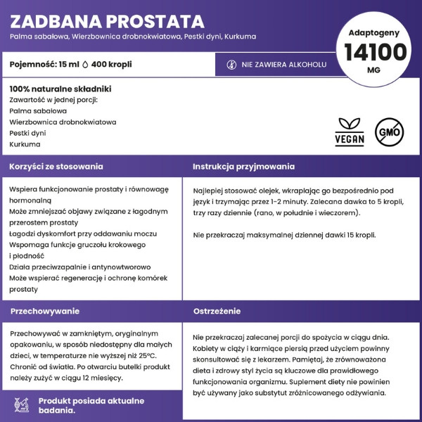 Aura Care Zadbana Prostata olejek adaptogeny palma sabalowa wierzbnica drobnokwiatowa pestki dyni kurkuma wsparcie prostaty