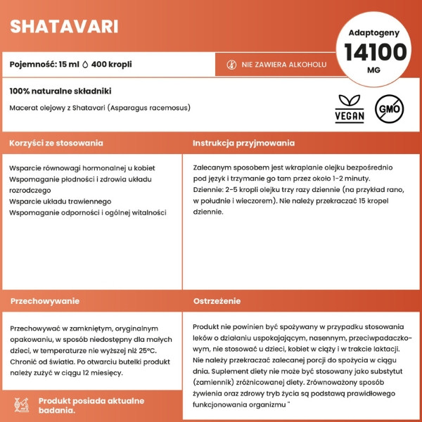 Etikett und Zusammensetzung Aura Care Shatavari 15 ml – natürliches Ölmazerat zur Unterstützung des Hormon
