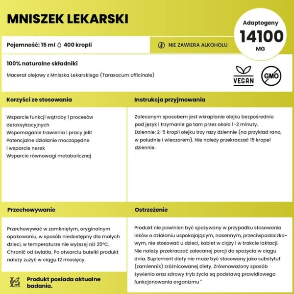 Löwenzahn Flüssige Kräuter 15 ml – Zusammensetzung, Eigenschaften, Anwendungshinweise, Unterstützung der Verdauung,