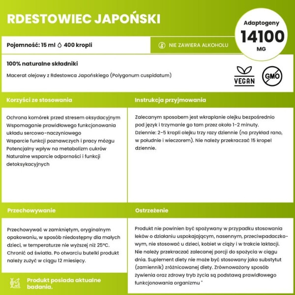 Japanese Knotweed 15 ml, dietary supplement in drops, composition, health benefits, adaptogen supporting heart, brain