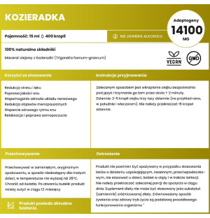 Kozieradka Płynne Zioła 15 ml, skład i działanie, redukcja stresu, poprawa snu i samopoczucia, naturalny adaptogen