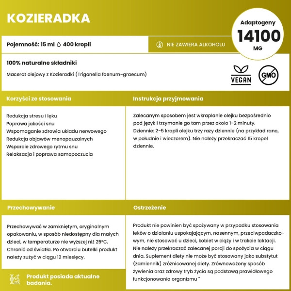 Kozieradka Płynne Zioła 15 ml, skład i działanie, redukcja stresu, poprawa snu i samopoczucia, naturalny adaptogen