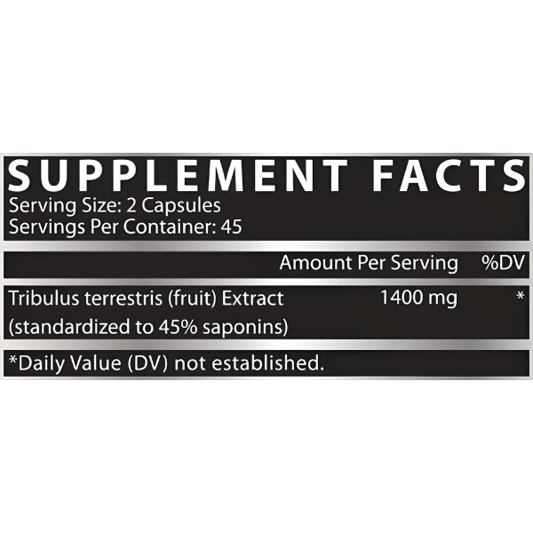 Nutrex Tribulus 1400 – etykieta Supplement Facts, ekstrakt Tribulus terrestris 1400 mg standaryzowany na 45% saponin