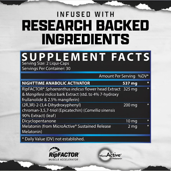 Nutrex Anabol Nighttime Zusammensetzung – RipFACTOR, Epikatechin, Dicyclopentanon, Melatonin, anaboles Nahrungsergänzungsmittel