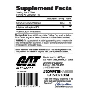 GAT Sport L-Arginine skład – 1 g L-argininy HCl w tabletce, wsparcie krążenia, regeneracji i wzrostu masy mięśniowej