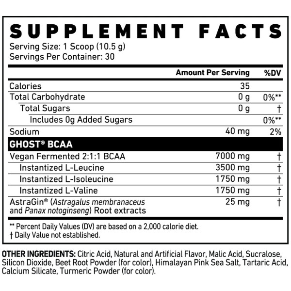 Ghost BCAA Zusammensetzung – 7000 mg BCAA, Leucin, Isoleucin, Valin, AstraGin-Extrakt, vegane Formel für die Muskelregeneration