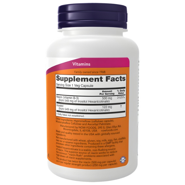 NOW Foods Niacyna skład – 500 mg witaminy B3 z inozytolu heksanikotynianu, bezpieczna formuła