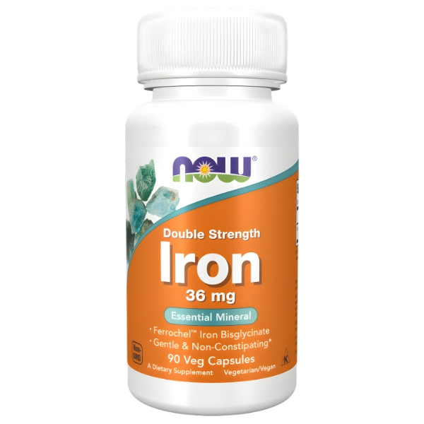 NOW Foods Iron 36 mg Double Strength 90 kapsułek – delikatne żelazo Ferrochel wspierające produkcję czerwonych krwinek