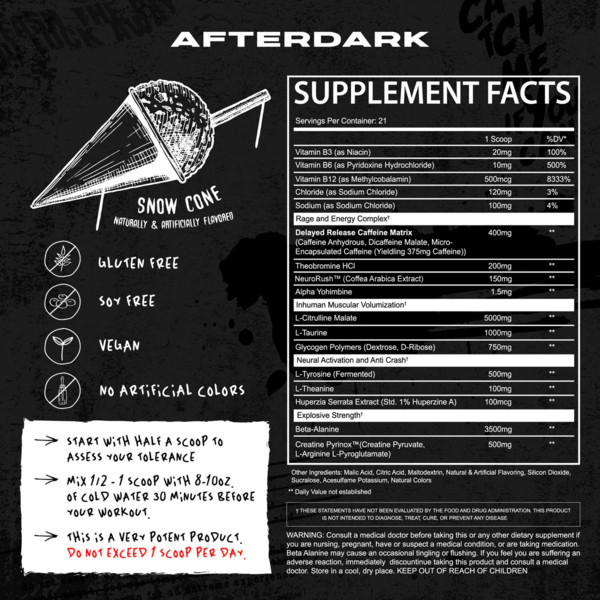 AfterDark INHUMAN Pre-Workout Snow Cone – przedtreningówka z kofeiną, beta-alaniną i L-tyrozyną wspierająca energię