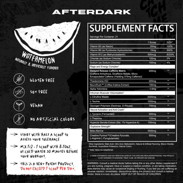 AfterDark INHUMAN Pre-Workout Watermelon – ingredients, B vitamins, caffeine, beta-alanine and L-citrulline