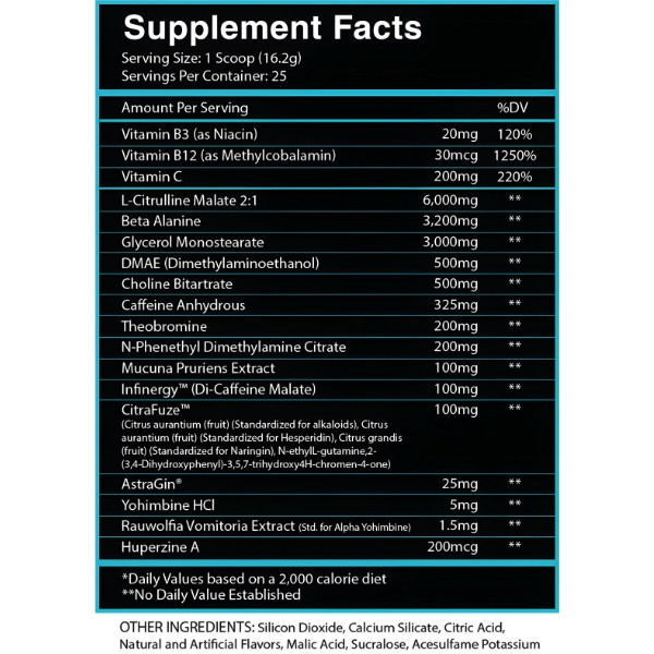 Centurion Labz God of Rage Unchained composition – citrulline, beta-alanine, caffeine, DMAE, yohimbine and B vitamins