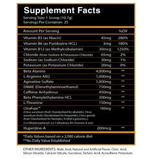 Centurion Labz God of War composition – vitamins B3, B6, B12, caffeine, DMAE, beta alanine, CitraFuze, Huperzine-A