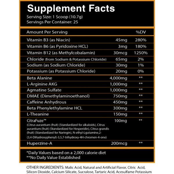Centurion Labz God of War composition – vitamins B3, B6, B12, caffeine, DMAE, beta alanine, CitraFuze, Huperzine-A