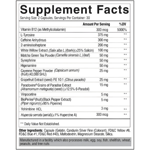 Condemned Labz Arsynist Extreme composition – L-tyrosine, caffeine, synephrine, yohimbine, matcha, Paradoxine, BioPerine