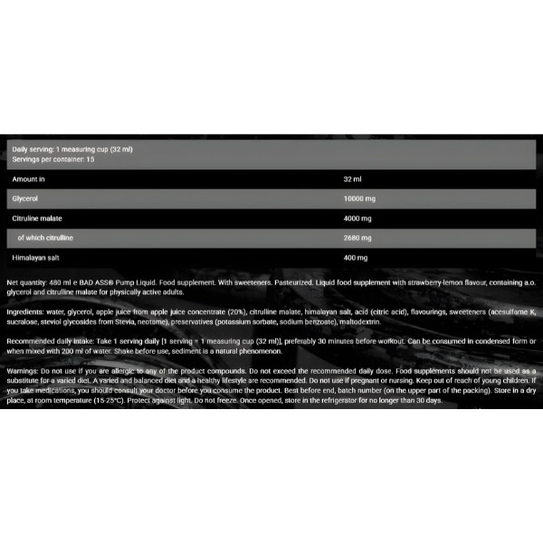 Tabelle der Zusammensetzung von BAD ASS Pump Liquid – Dosierung von Glycerin, Citrullin und Himalaya-Salz zur Steigerung
