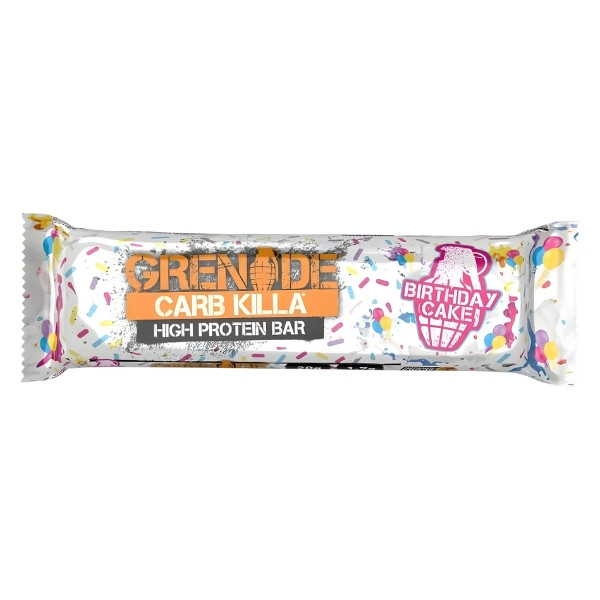 Grenade Carb Killa Birthday Cake protein bar, high-protein birthday bar, 60 g protein bar.