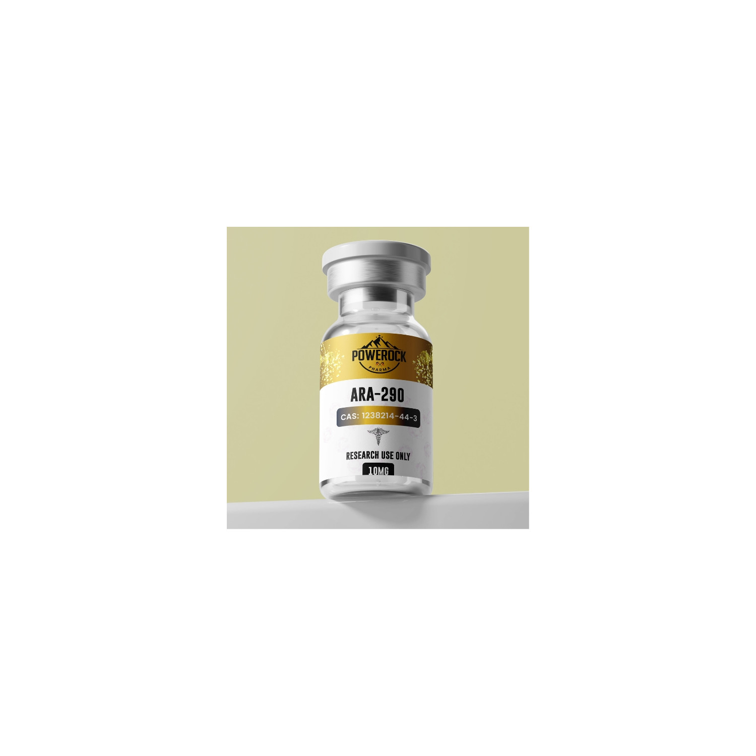 ARA-290 Powerock Pharma vial 10mg, research peptide, laboratory vial, label CAS 1238214-44-3, research use only