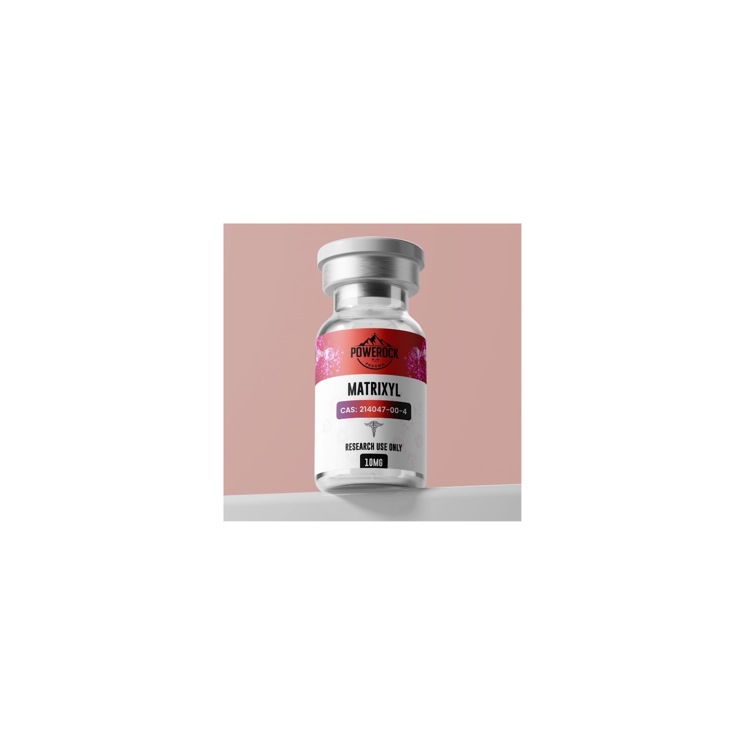 Powerock Pharma Matrixyl 10mg – laboratory vial of peptide CAS 214047-00-4, product for scientific research