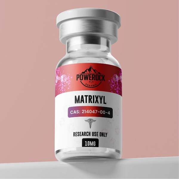 Powerock Pharma Matrixyl 10mg – laboratory vial of peptide CAS 214047-00-4, product for scientific research