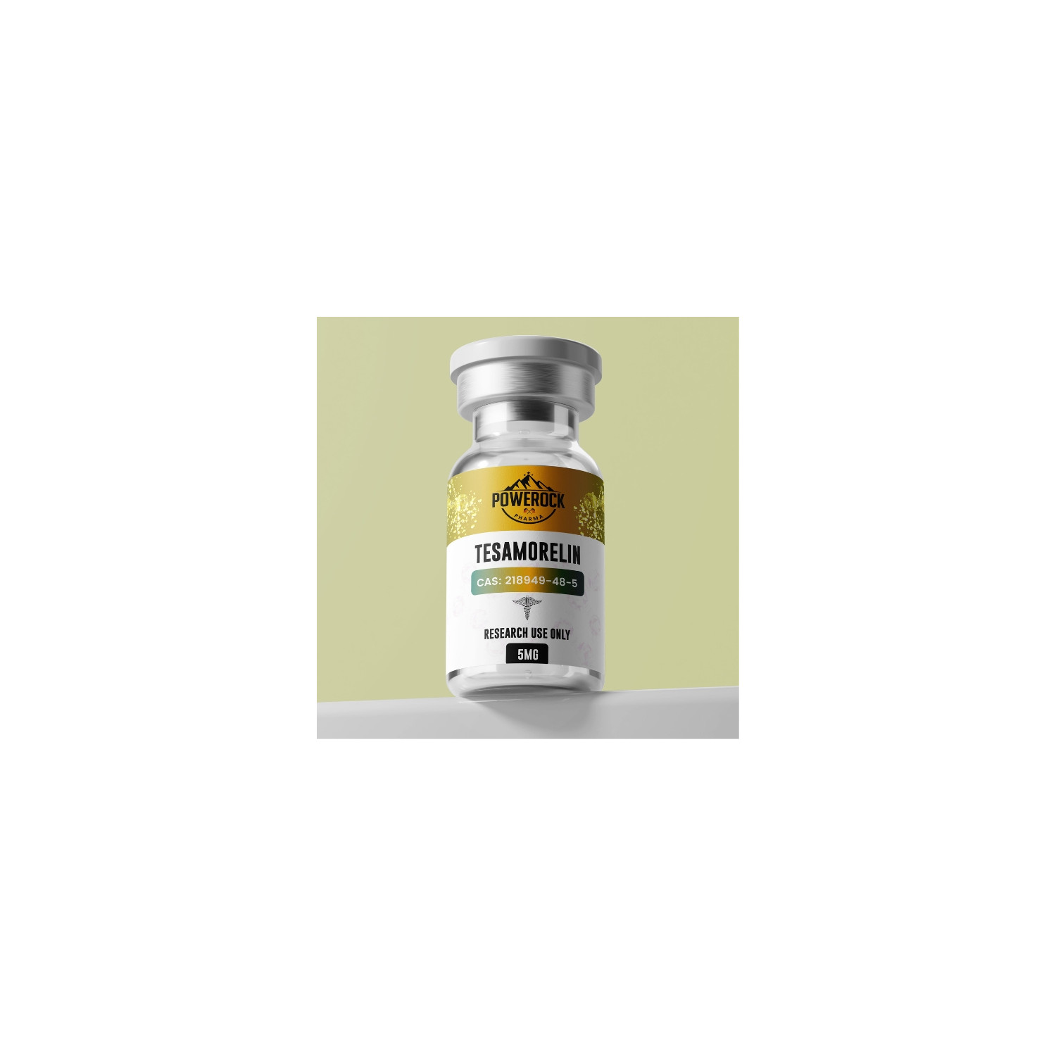 Powerock Pharma Tesamorelin 5mg vial, research peptide CAS 218949-48-5, laboratory packaging Research Use Only